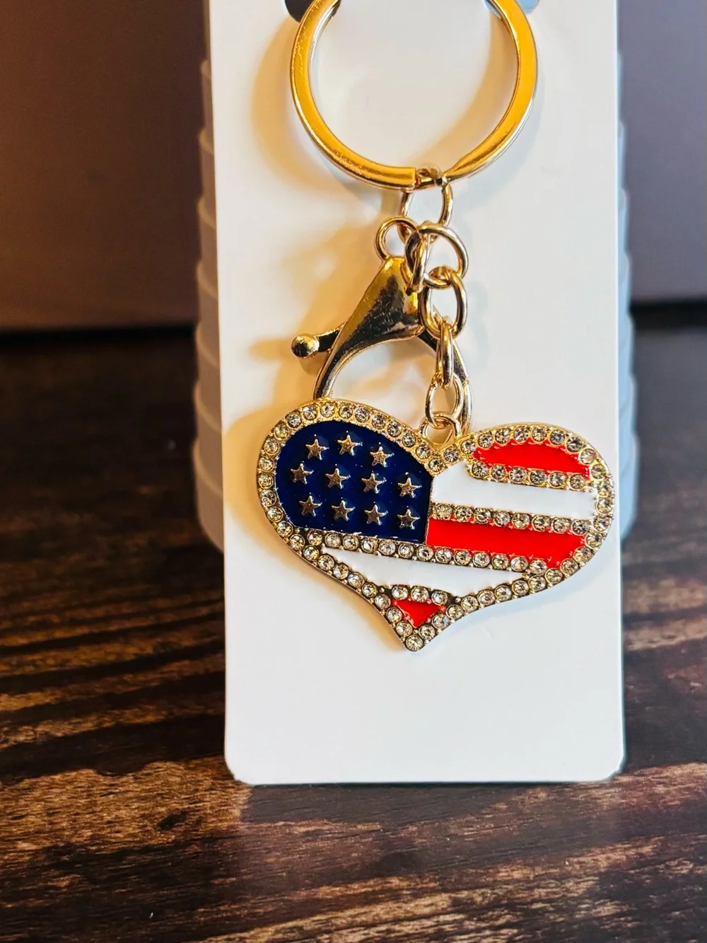Patriotic Heart Keychain Charm - Gold Tone with Red, White & Blue